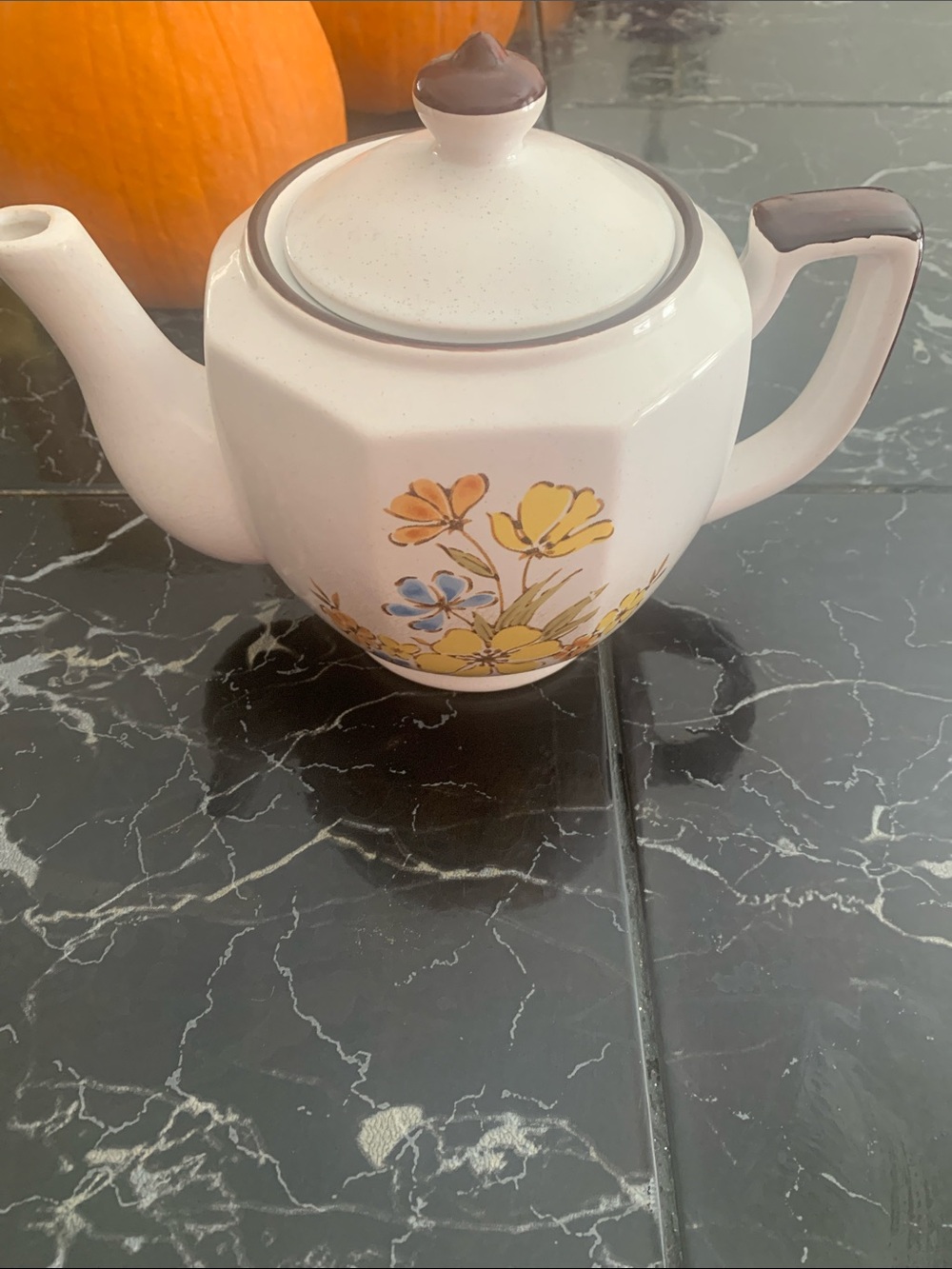 Vintage Floral Ceramic Teapot - White with Yellow & Blue Flowers